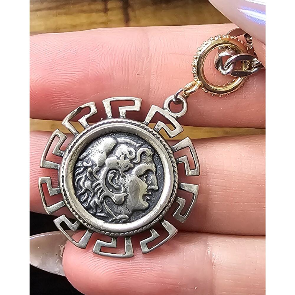 Sterling Silver Greek Key Coin Pendant Necklace | Alexander Coin Style Medallion